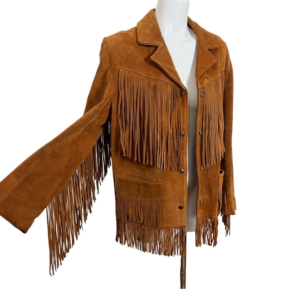 Lariat Tobacco Genuine Suede Leather Fringe Snap Button Western Jacket Size 14 - Picture 3 of 16